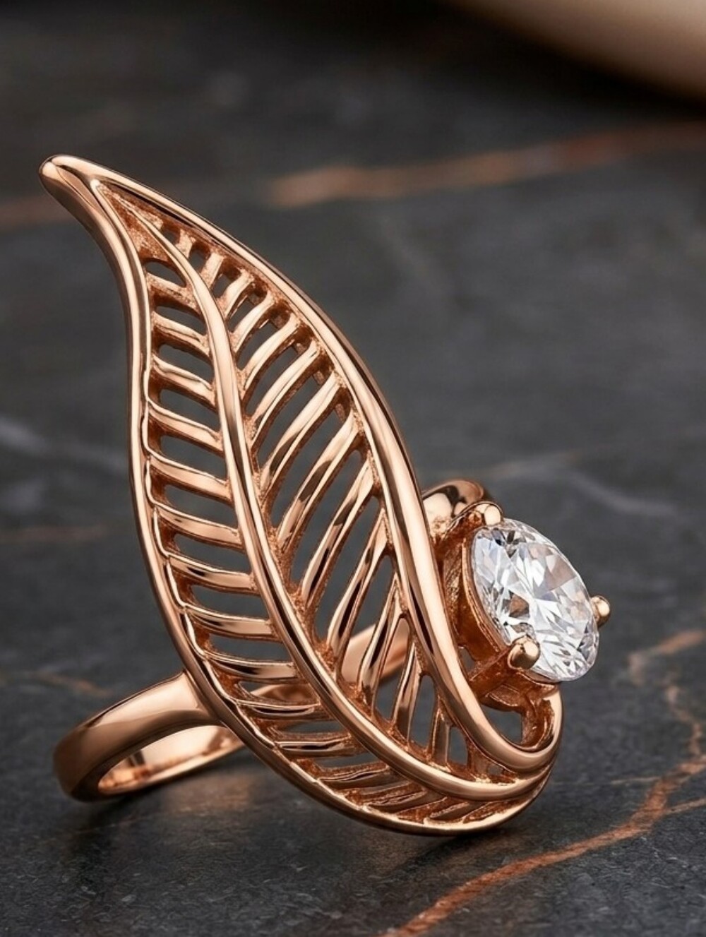 Leaf 18K Rose Gold over Sterling SILVER Statement Unique Ring size 7